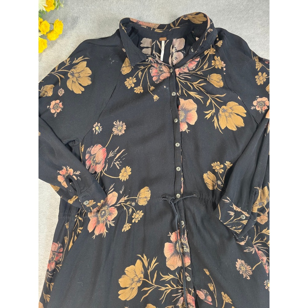 Free People Dress Womens Medium Black Floral Boho Drawstring Ruffle Hem Fall - Picture 9 of 13